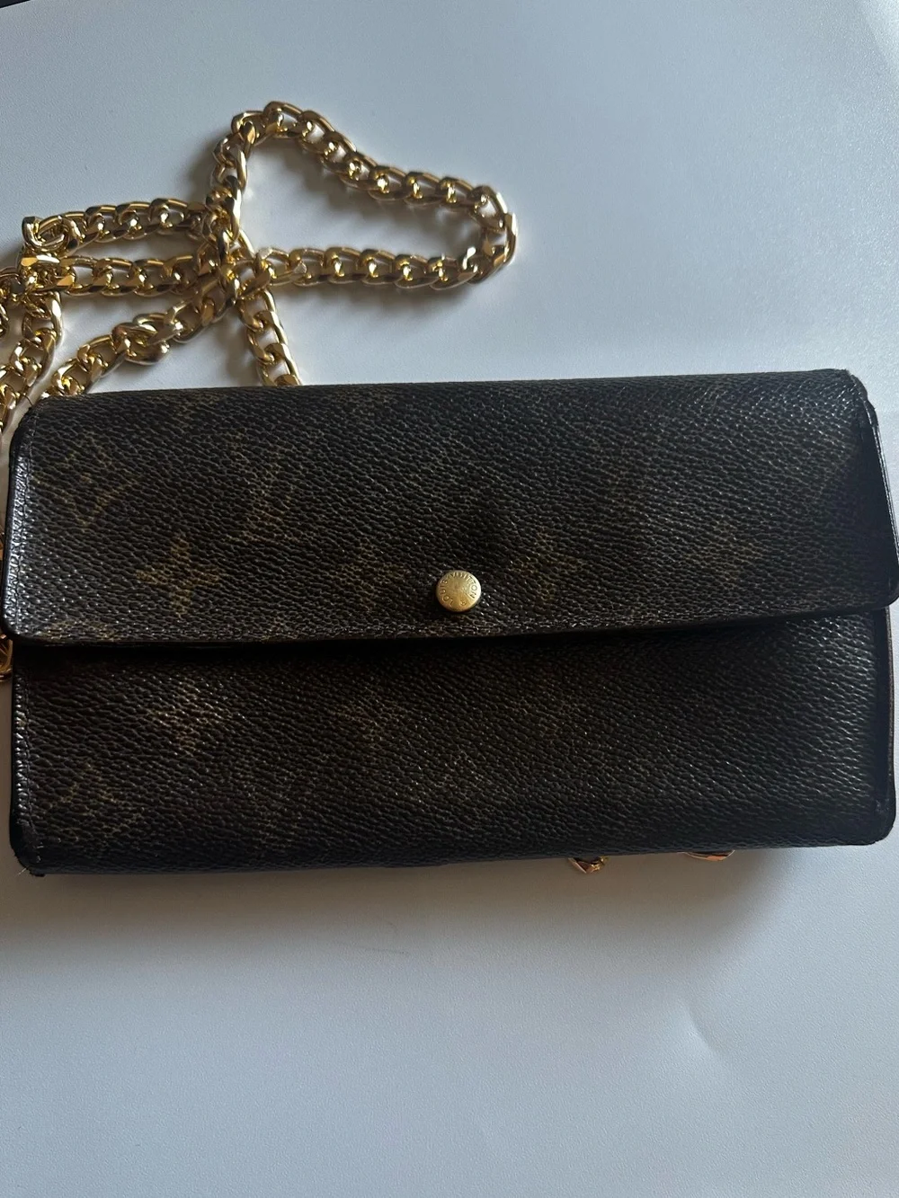Louis Vuitton Monogram Crossbody Wallet in Brown with Gold Chain
